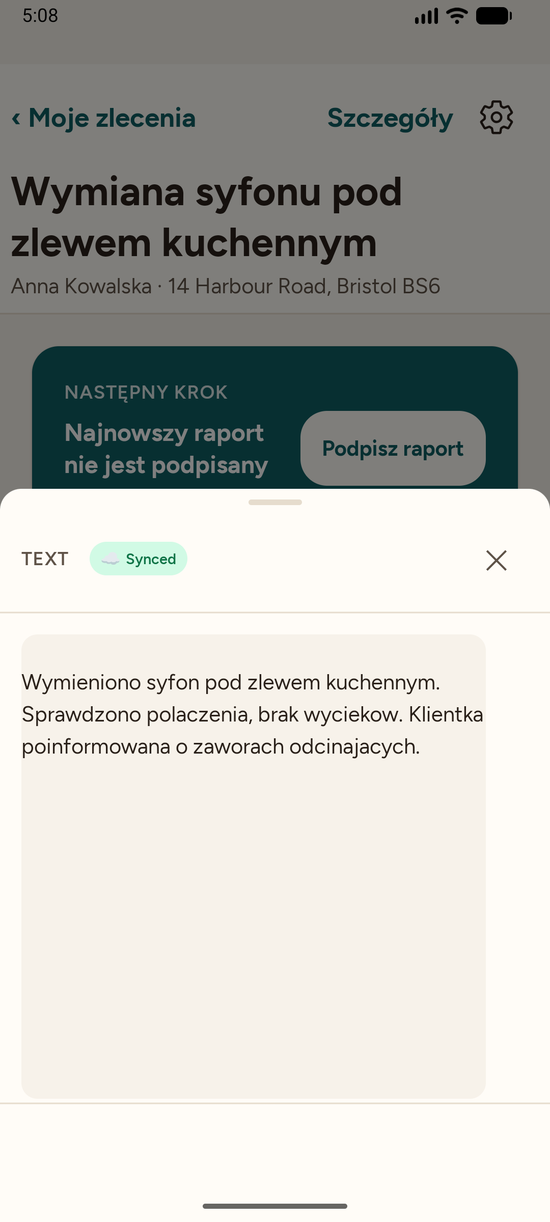 The dictated note — the Polish note kept as evidence, synced to the job