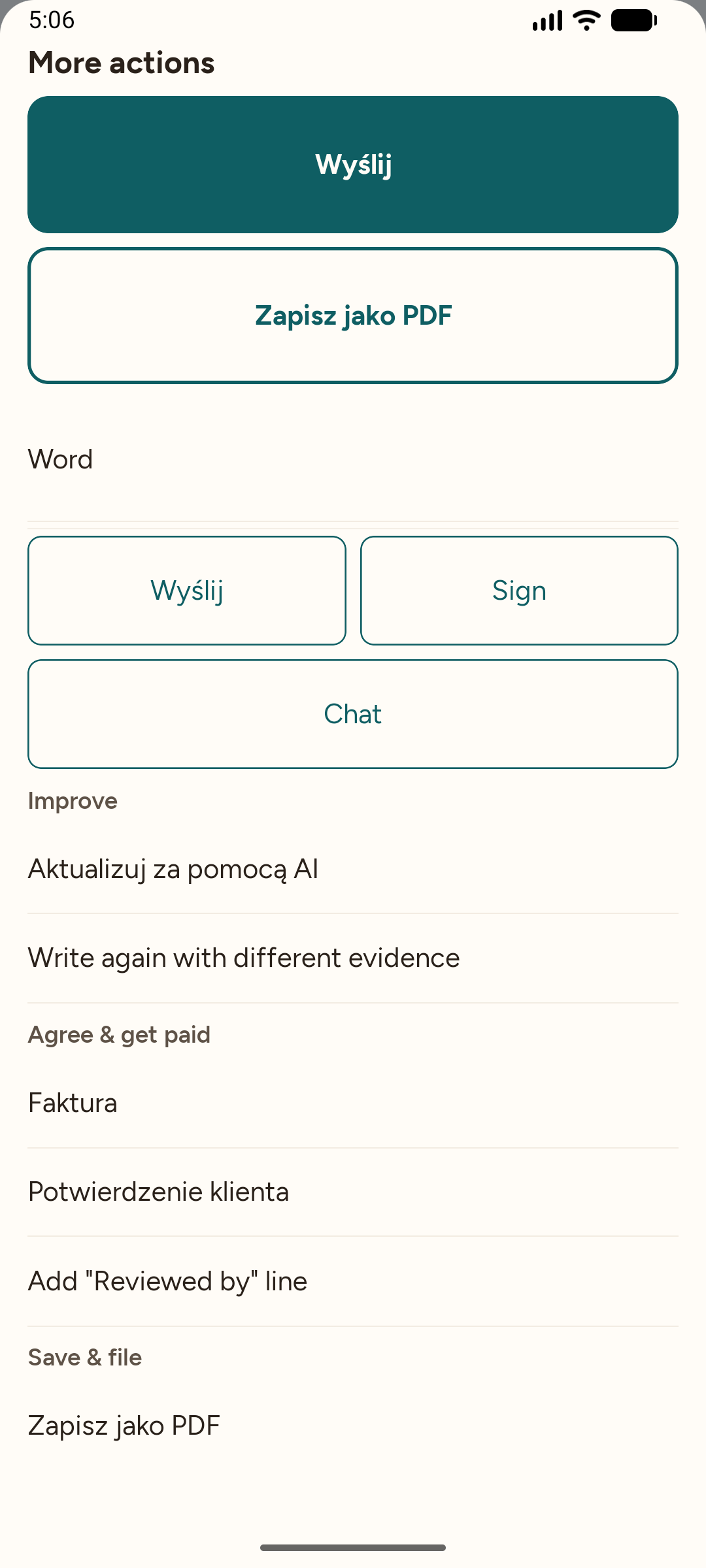 Export — PDF, Word, Send and Sign actions