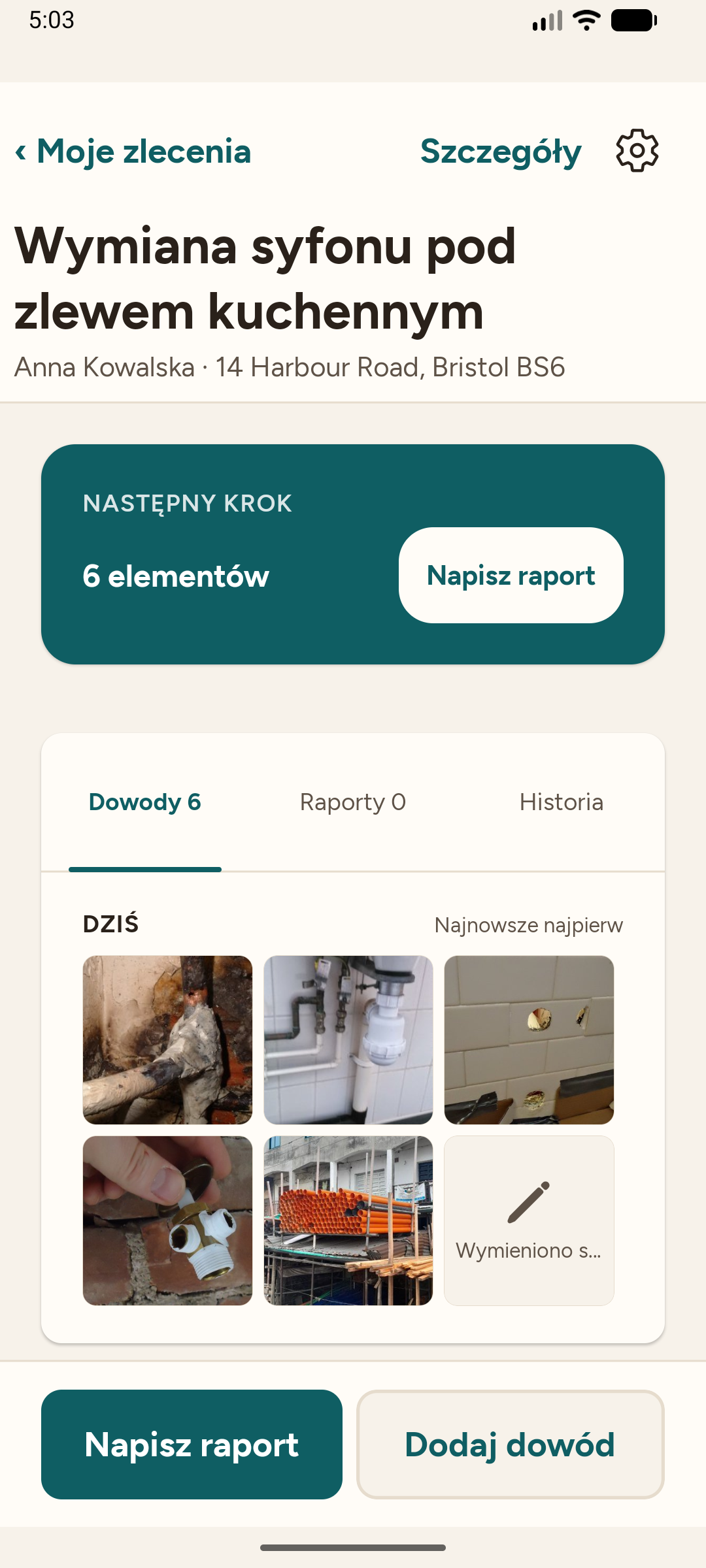 Job page — the plumbing job with its six evidence items and the next step